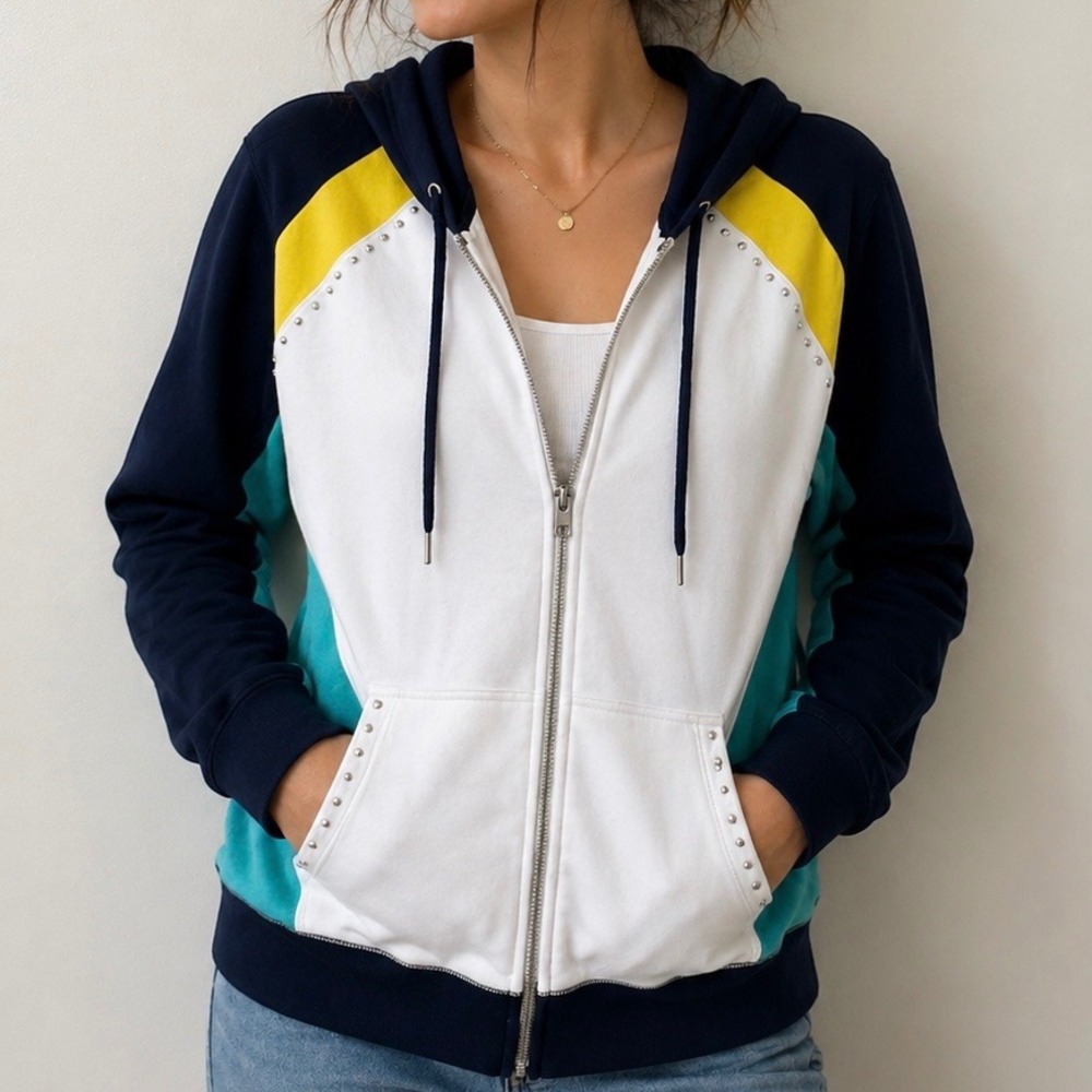 Ruby Rd Womens Colorblock Studded Zip Up Hoodie Navy White Teal Yellow 1X